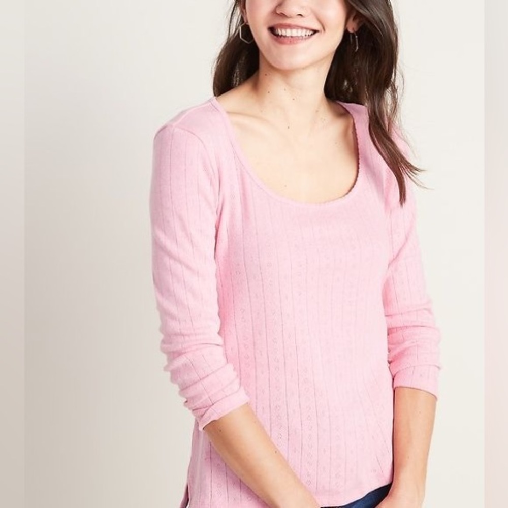 Old Navy Light Blue Slim-Fit Scoop-Neck Long-Sleeved Pointelle Tee